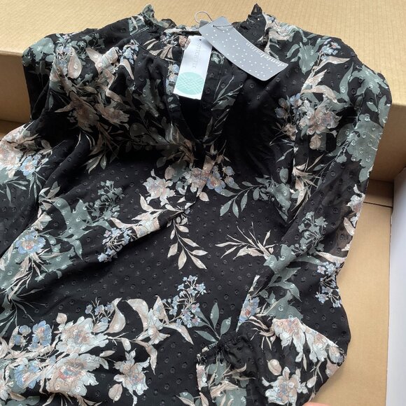 Daniel Rainn Tops - Daniel Rainn Black & Floral Sheer Ezperanza Ruffled Neck Detail Blouse - SIZE S